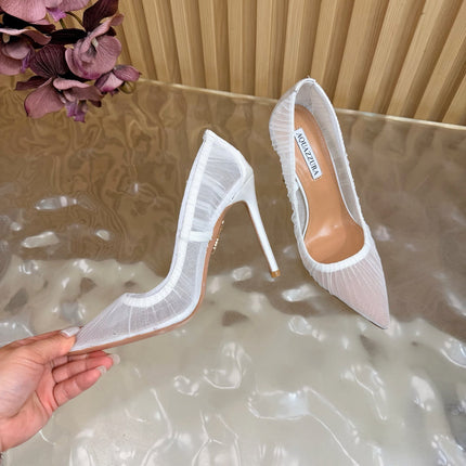 AQUAZZURA 26S HIGH HEELS 105 MM IN WHITE LACE MESH AND SATIN