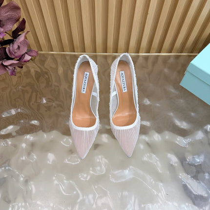 AQUAZZURA 26S HIGH HEELS 105 MM IN WHITE LACE MESH AND SATIN