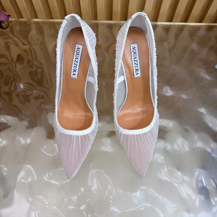 AQUAZZURA 26S HIGH HEELS 105 MM IN WHITE LACE MESH AND SATIN
