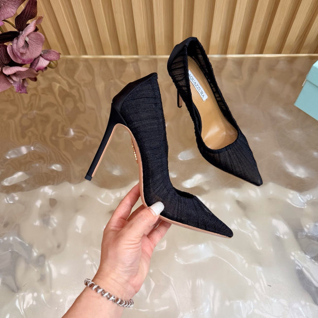 AQUAZZURA 26S OPTIC PUMPS 100 MM IN BLACK PLEATED MESH & SATIN