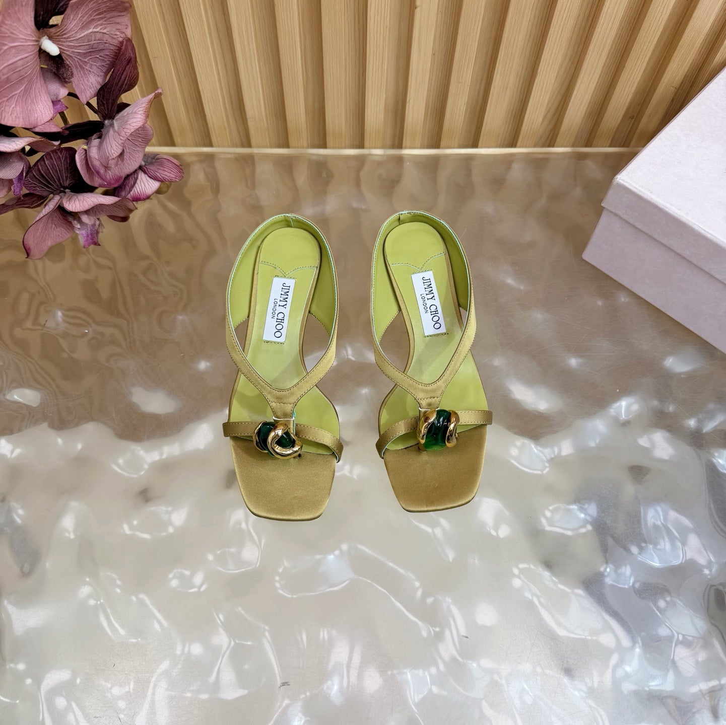 JIMMY CHOO 26S HIGH-HEEL SANDALS 35 MM IN OLIVE GREEN SATIN