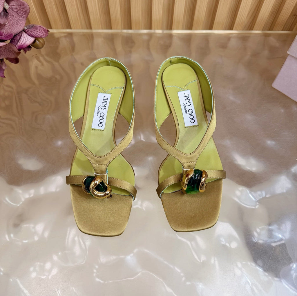 JIMMY CHOO 26S HIGH-HEEL SANDALS 35 MM IN OLIVE GREEN SATIN