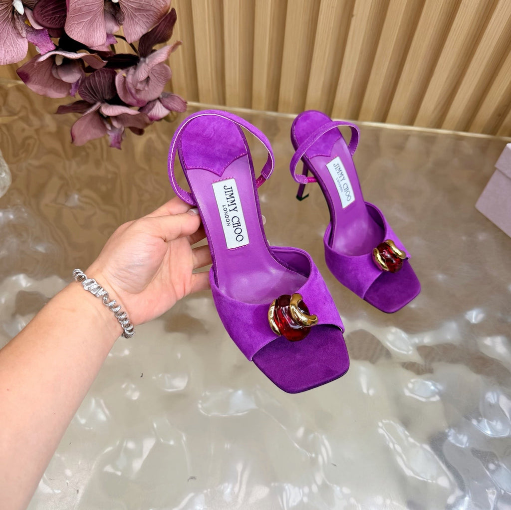 JIMMY CHOO 26S HIGH-HEEL SANDALS 100 MM IN PURPLE SUEDE STONE EMBELLISHMENT
