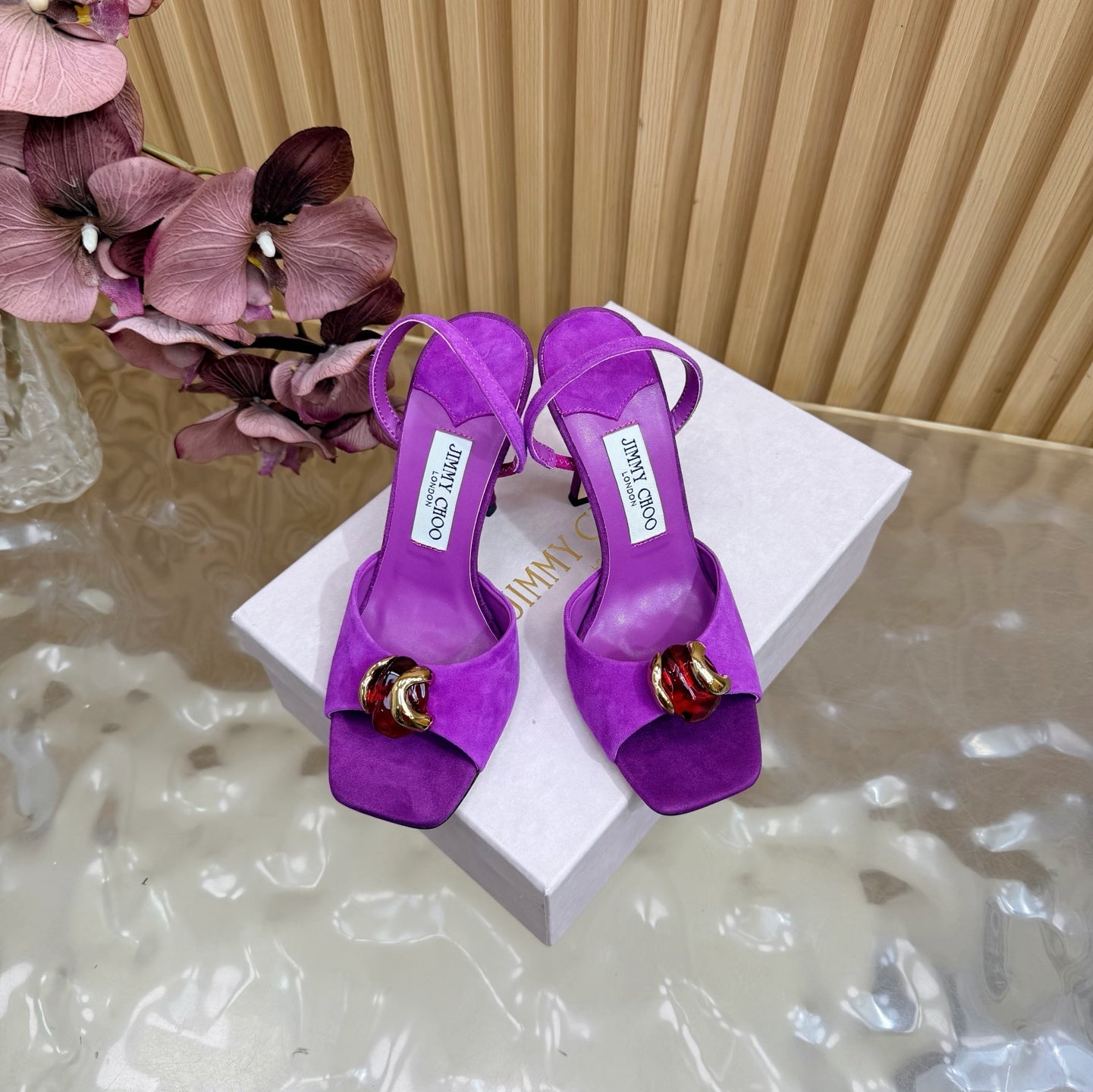 JIMMY CHOO 26S HIGH-HEEL SANDALS 100 MM IN PURPLE SUEDE STONE EMBELLISHMENT