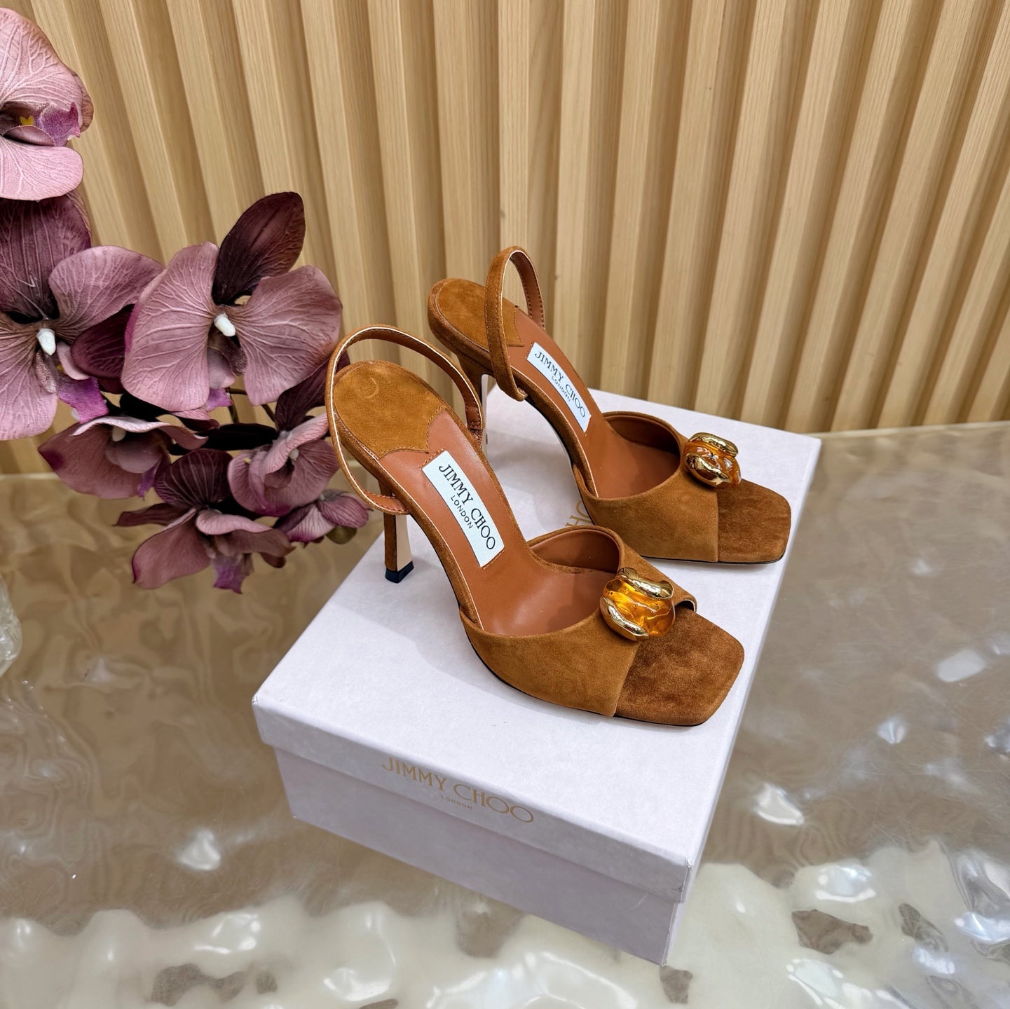 JIMMY CHOO 26S HIGH-HEEL SANDALS 100 MM IN BROWN SUEDE STONE EMBELLISHMENT