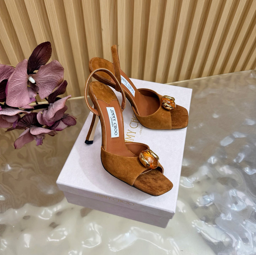JIMMY CHOO 26S HIGH-HEEL SANDALS 100 MM IN BROWN SUEDE STONE EMBELLISHMENT
