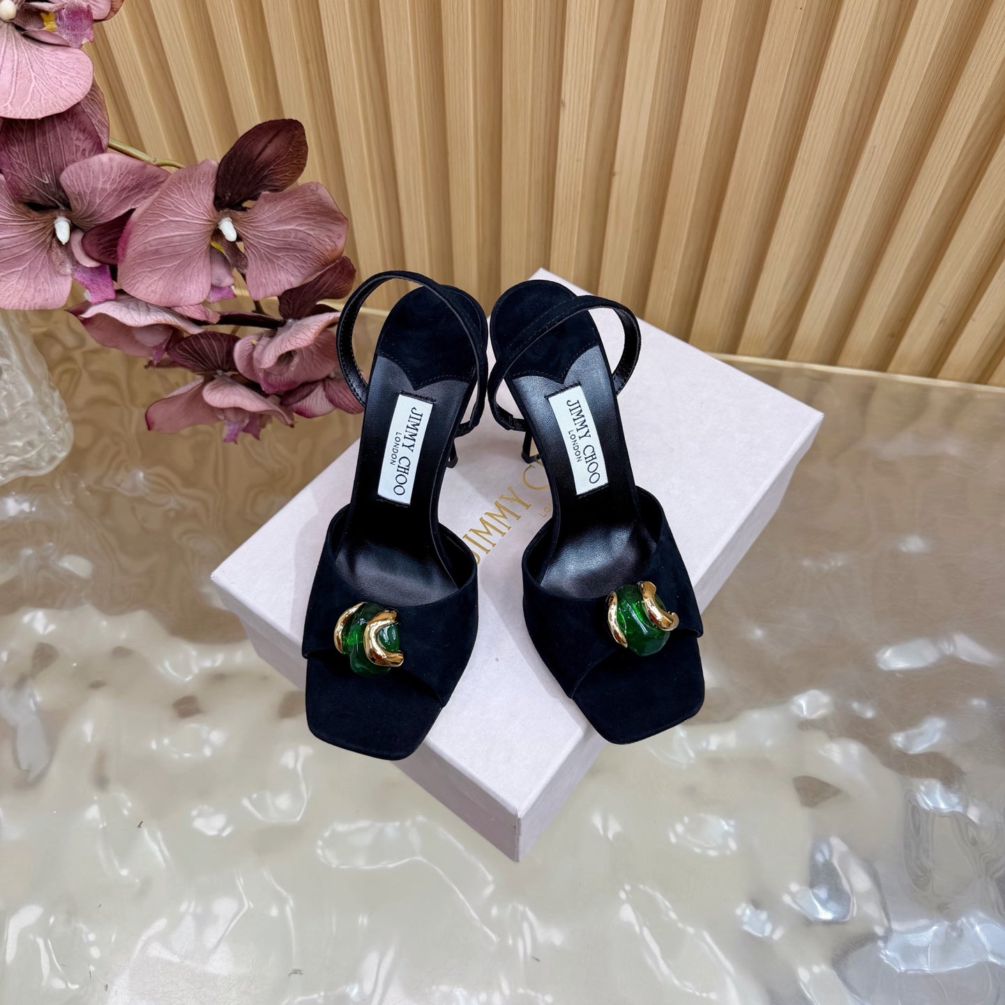 JIMMY CHOO 26S HIGH-HEEL SANDALS 100 MM IN BLACK SUEDE STONE EMBELLISHMENT