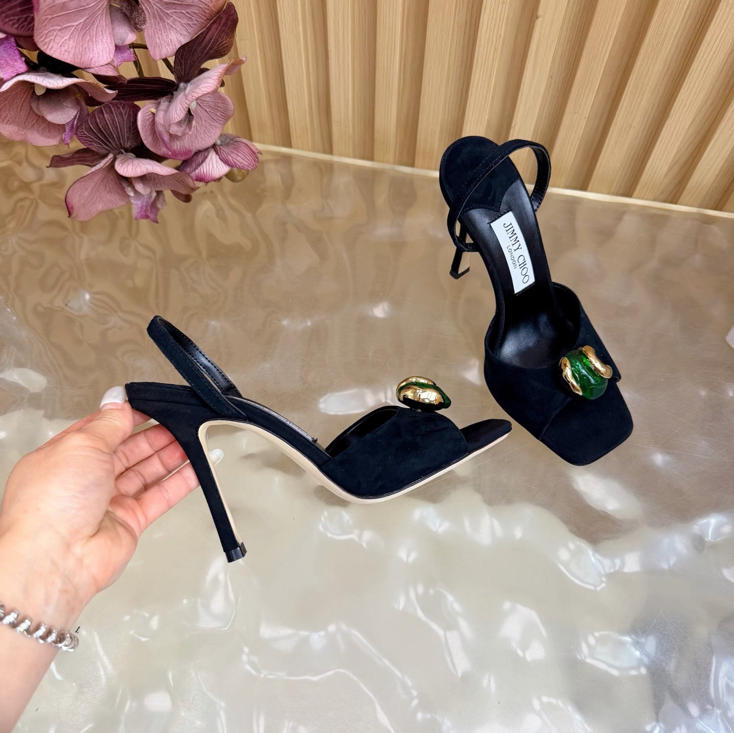 JIMMY CHOO 26S HIGH-HEEL SANDALS 100 MM IN BLACK SUEDE STONE EMBELLISHMENT