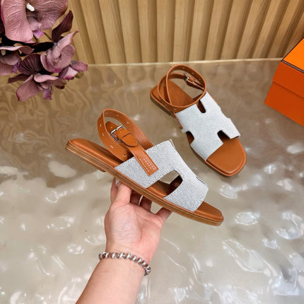HM 26S SANTORINI SANDALS IN BROWN CALFSKIN AND BEIGE CANVAS