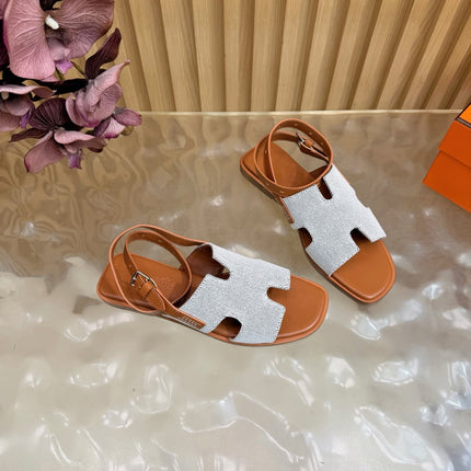 HM 26S SANTORINI SANDALS IN BROWN CALFSKIN AND BEIGE CANVAS