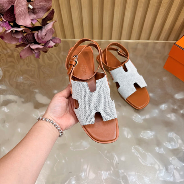 HM 26S SANTORINI SANDALS IN BROWN CALFSKIN AND BEIGE CANVAS