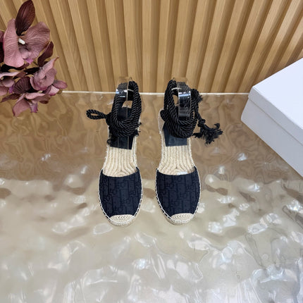DIOR 26S OBLIQUE LACE-UP WEDGE ESPADRILLE SANDALS IN BLACK EMBROIDERED COTTON