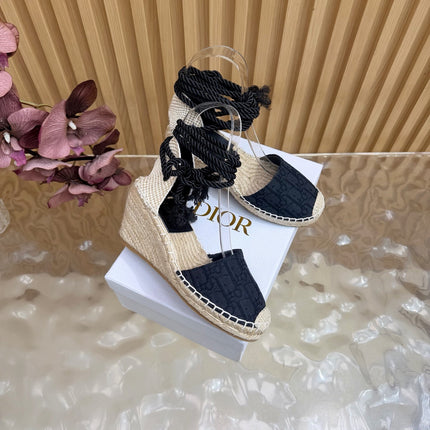 DIOR 26S OBLIQUE LACE-UP WEDGE ESPADRILLE SANDALS IN BLACK EMBROIDERED COTTON