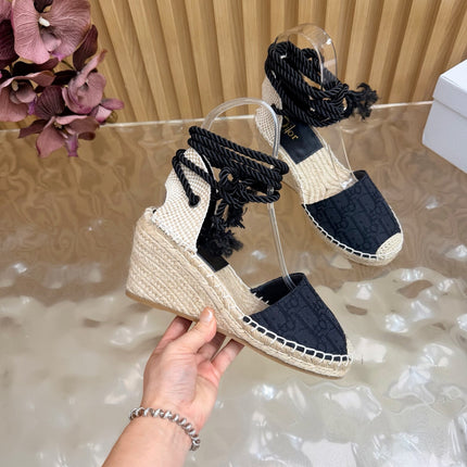DIOR 26S OBLIQUE LACE-UP WEDGE ESPADRILLE SANDALS IN BLACK EMBROIDERED COTTON