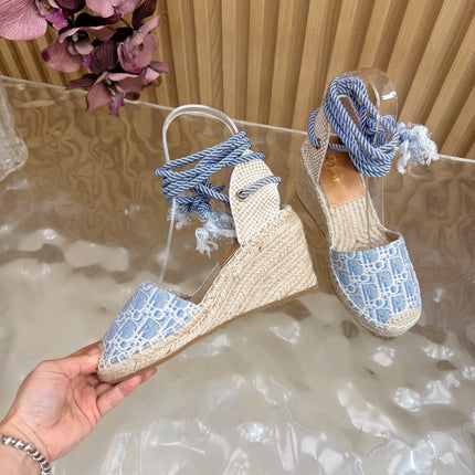 DIOR 26S OBLIQUE LACE-UP WEDGE ESPADRILLE SANDALS IN LIGHT BLUE EMBROIDERED COTTON