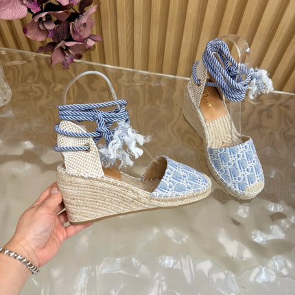DIOR 26S OBLIQUE LACE-UP WEDGE ESPADRILLE SANDALS IN LIGHT BLUE EMBROIDERED COTTON