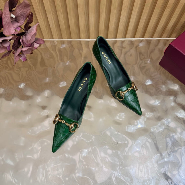GUCCI 26S HIGH HEELS 65 MM IN DARK GREEN CROC EMBOSSED LEATHER
