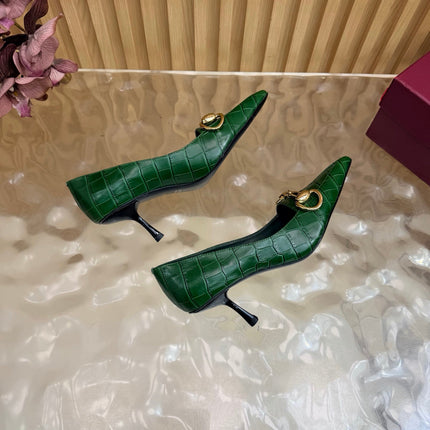GUCCI 26S HIGH HEELS 65 MM IN DARK GREEN CROC EMBOSSED LEATHER