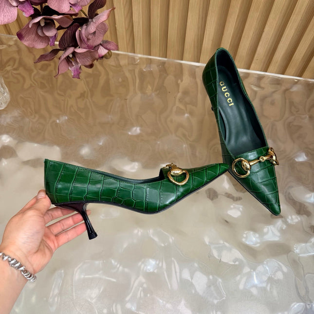 GUCCI 26S HIGH HEELS 65 MM IN DARK GREEN CROC EMBOSSED LEATHER