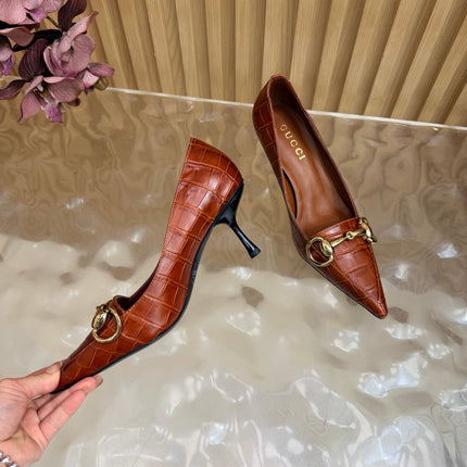 GUCCI 26S HIGH HEELS 65 MM IN COGNAC BROWN CROC EMBOSSED LEATHER