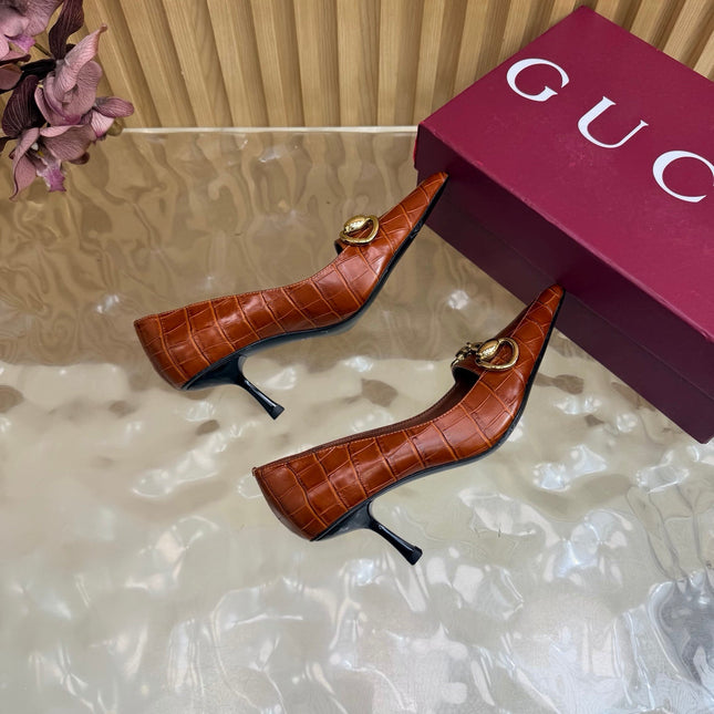 GUCCI 26S HIGH HEELS 65 MM IN COGNAC BROWN CROC EMBOSSED LEATHER
