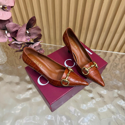 GUCCI 26S HIGH HEELS 65 MM IN COGNAC BROWN CROC EMBOSSED LEATHER