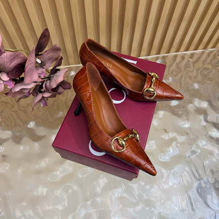 GUCCI 26S HIGH HEELS 65 MM IN COGNAC BROWN CROC EMBOSSED LEATHER