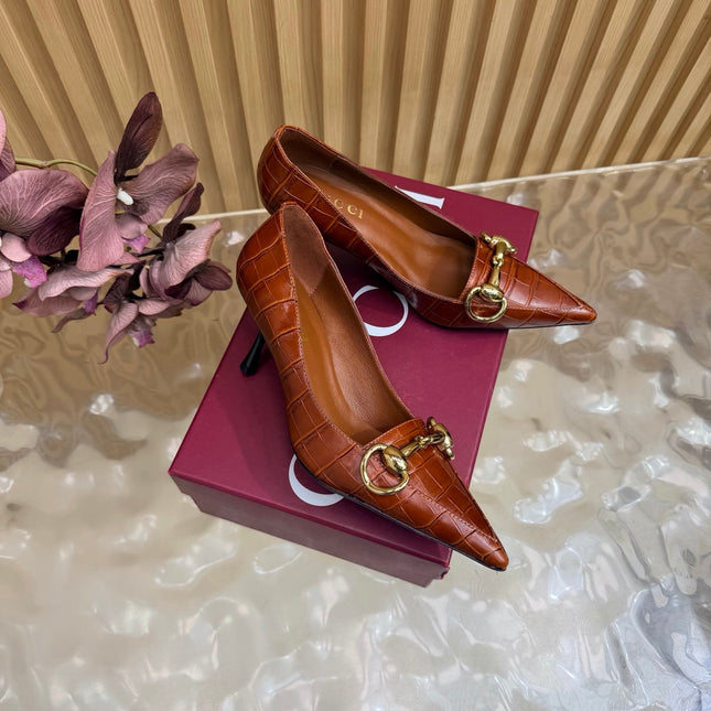 GUCCI 26S HIGH HEELS 65 MM IN COGNAC BROWN CROC EMBOSSED LEATHER