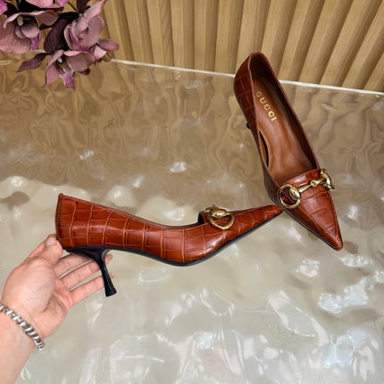 GUCCI 26S HIGH HEELS 65 MM IN COGNAC BROWN CROC EMBOSSED LEATHER