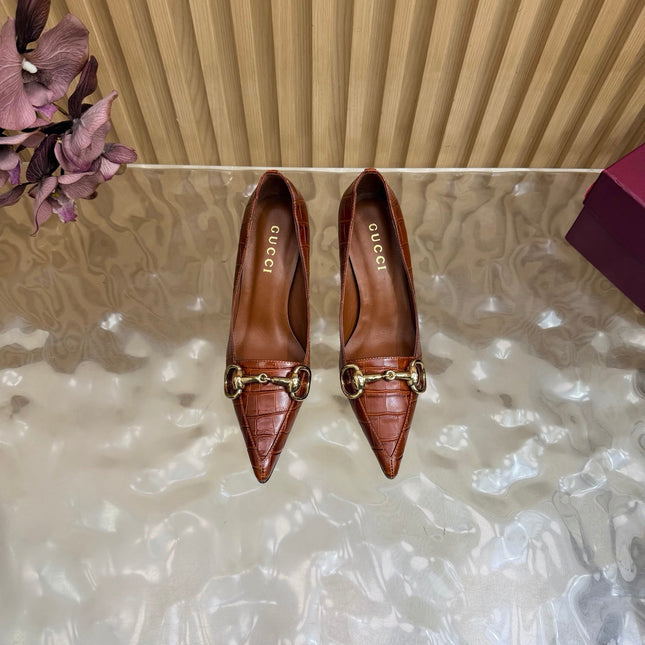 GUCCI 26S HIGH HEELS 65 MM IN COGNAC BROWN CROC EMBOSSED LEATHER