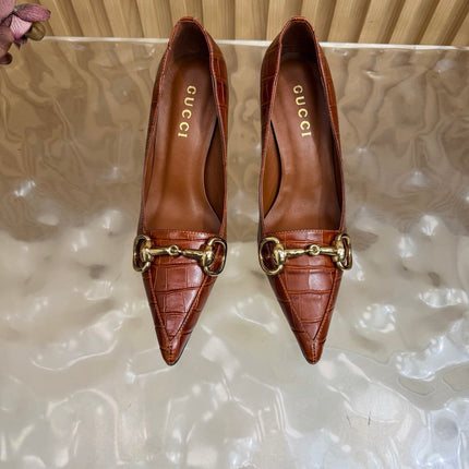 GUCCI 26S HIGH HEELS 65 MM IN COGNAC BROWN CROC EMBOSSED LEATHER