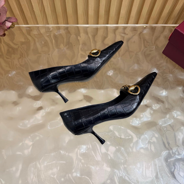 GUCCI 26S HIGH HEELS 65 MM IN BLACK CROC EMBOSSED LEATHER