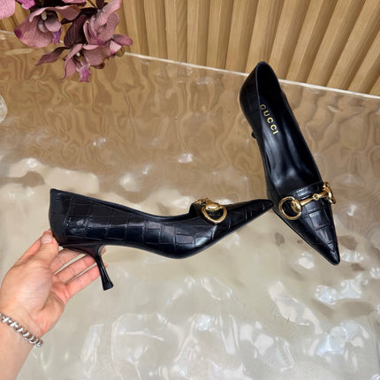 GUCCI 26S HIGH HEELS 65 MM IN BLACK CROC EMBOSSED LEATHER