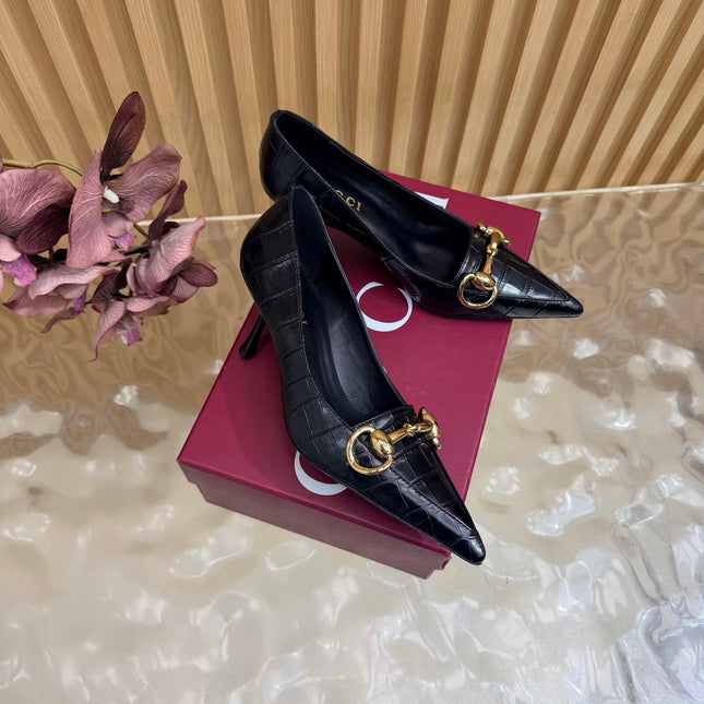 GUCCI 26S HIGH HEELS 65 MM IN BLACK CROC EMBOSSED LEATHER