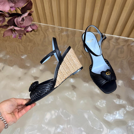 VALENTINO 26S WEDGE SANDAL 85 MM IN BLACK CALFSKIN