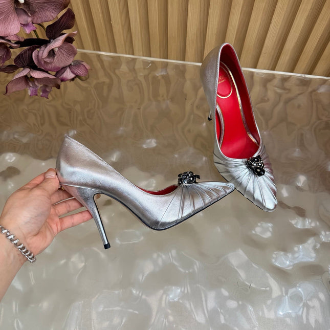 VALENTINO 26S HIGH-HEEL 100 MM IN SILVER GATHERED CALFSKIN