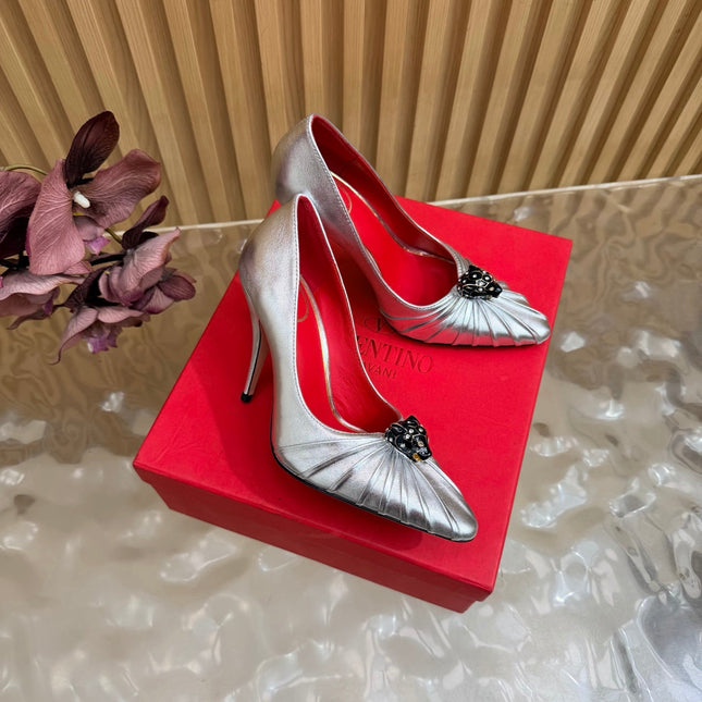 VALENTINO 26S HIGH-HEEL 100 MM IN SILVER GATHERED CALFSKIN