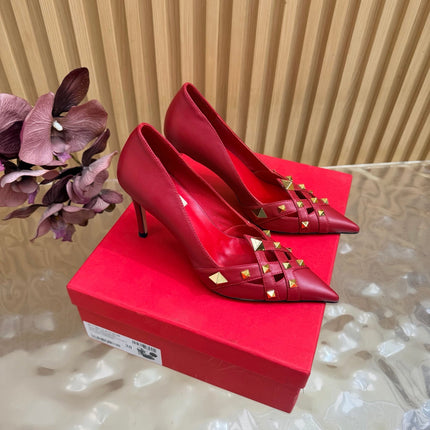 VALENTINO 26S STUDDED POINTED TOE PUMPS 90 MM IN RED CALFSKIN