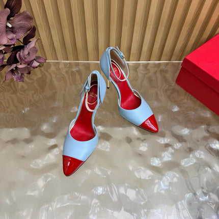 VALENTINO 26S ANKLE-STRA PUMPS 100 MM IN LIGHT BLUE AND RED CALFSKIN