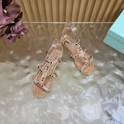 AQUAZZURA 26S FLAT SANDALS IN BEIGE SNAKESKIN CRYSTAL EMBELLISHED