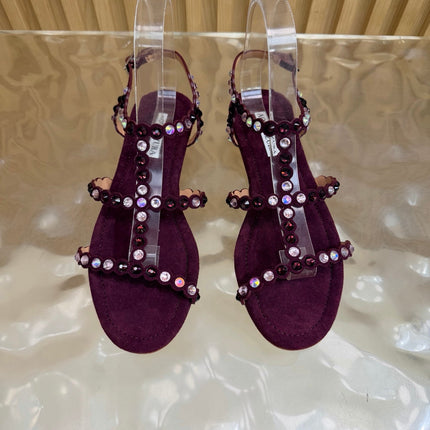 AQUAZZURA 26S FLAT SANDALS IN BURGUNDY SUEDE CRYSTAL EMBELLISHED