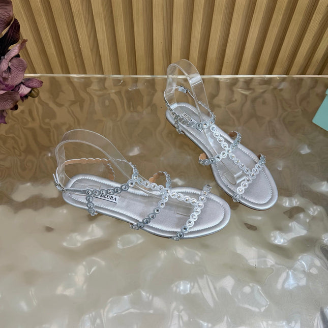 AQUAZZURA 26S FLAT SANDALS IN SILVER CALFKSIN CRYSTAL EMBELLISHED