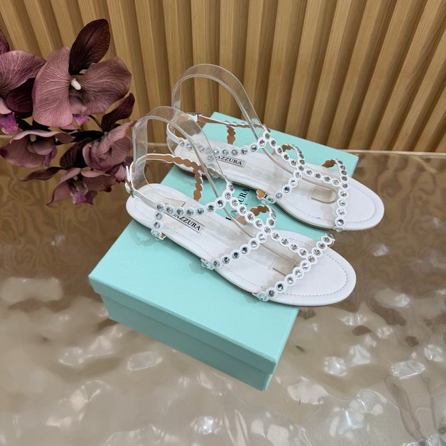 AQUAZZURA 26S FLAT SANDALS IN WHITE CALFKSIN CRYSTAL EMBELLISHED