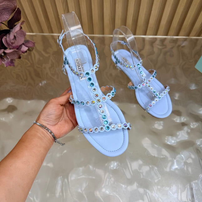 AQUAZZURA 26S FLAT SANDALS IN LIGHT BLUE CALFKSIN CRYSTAL EMBELLISHED