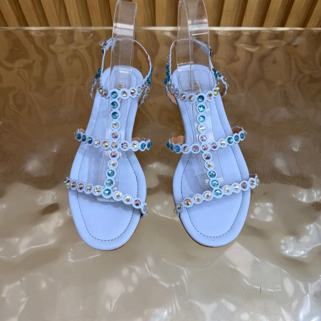 AQUAZZURA 26S FLAT SANDALS IN LIGHT BLUE CALFKSIN CRYSTAL EMBELLISHED