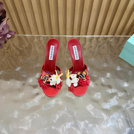 AQUAZZURA 26S SANDALS 80 MM IN RED CANVAS WITH CROCHET APPLIQUES