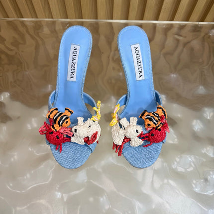 AQUAZZURA 26S SANDALS 80 MM IN LIGHT BLUE CANVAS WITH CROCHET APPLIQUES
