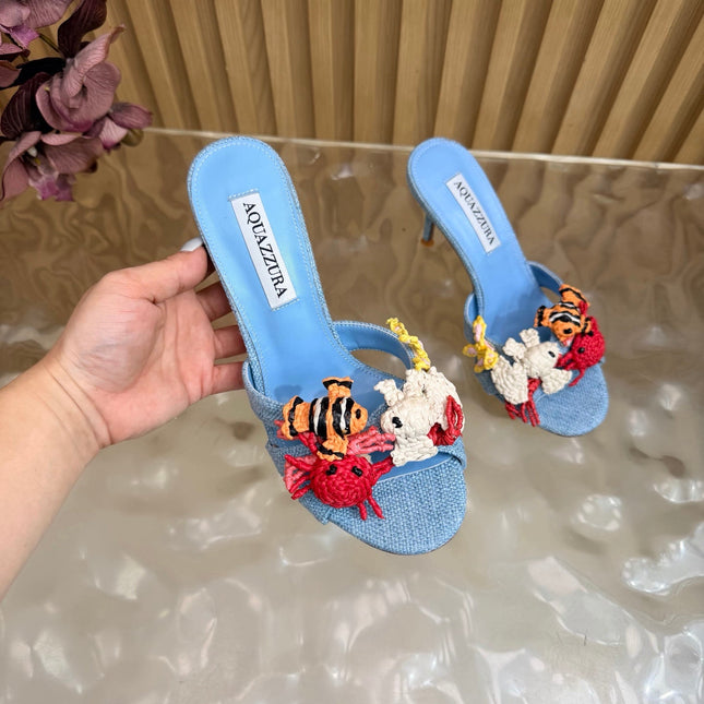 AQUAZZURA 26S SANDALS 80 MM IN LIGHT BLUE CANVAS WITH CROCHET APPLIQUES