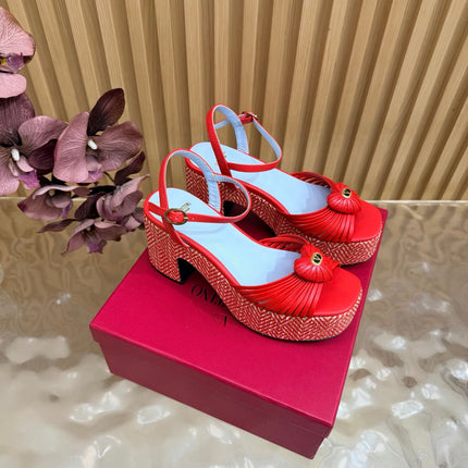 VALENTINO 26S PLATFORM SANDALS 90 MM IN RED CALFSKIN WOVEN FABRIC