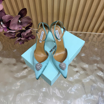 AQUAZZURA 26S POINTED-TOE HIGH HEELS 100 MM IN LIGHT BLUE SATIN
